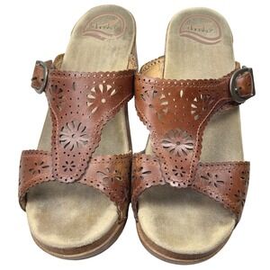 Dansko Leather Slide Sandals Womens 8.5/ 39 Brown Floral Perforated Wedge Boho